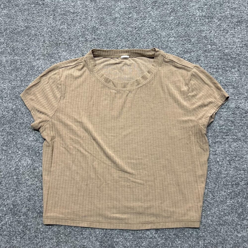 Alo Yoga Shirt Womens Small Beige Short Sleeve Ribbed Cropped Tee Top Athletic